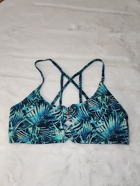 PINK Victoria's Secret Teal & Navy Palm-Print Strappy Bikini Top Size L (A-C)